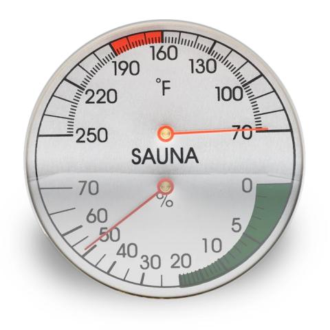 Amerec 9251-140 thermometer tracks sauna temperature and humidity accurately.